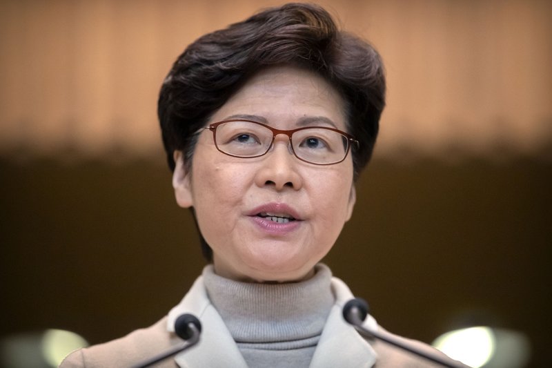 FILE- In this Dec. 10, 2019, file photo, Hong Kong Chief Executive Carrie Lam speaks during a news conference at the Office of the Chief Executive in Hong Kong. Months of pro-democracy protests in Hong Kong have brought “sadness, anxiety, disappointment and even rage," the city's leader said Tuesday, Dec. 31, vowing to tackle underlying social and economic problems in the coming year. 