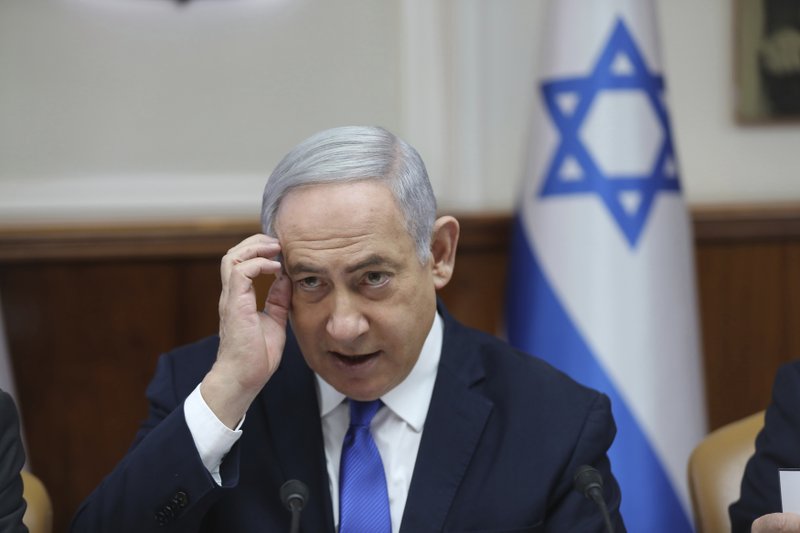 Israeli Prime Minister Benjamin Netanyahu attends the weekly cabinet meeting at his office in Jerusalem, Israel, Sunday, Dec. 29, 2019. 
