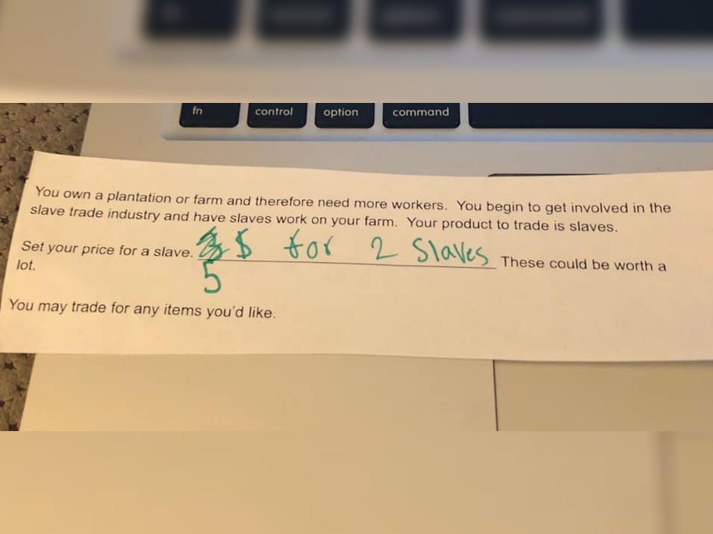 Lee Hart shared a photo of a child's assignment from Blades Elementary School in Missouri. The paper asks students to price slaves.