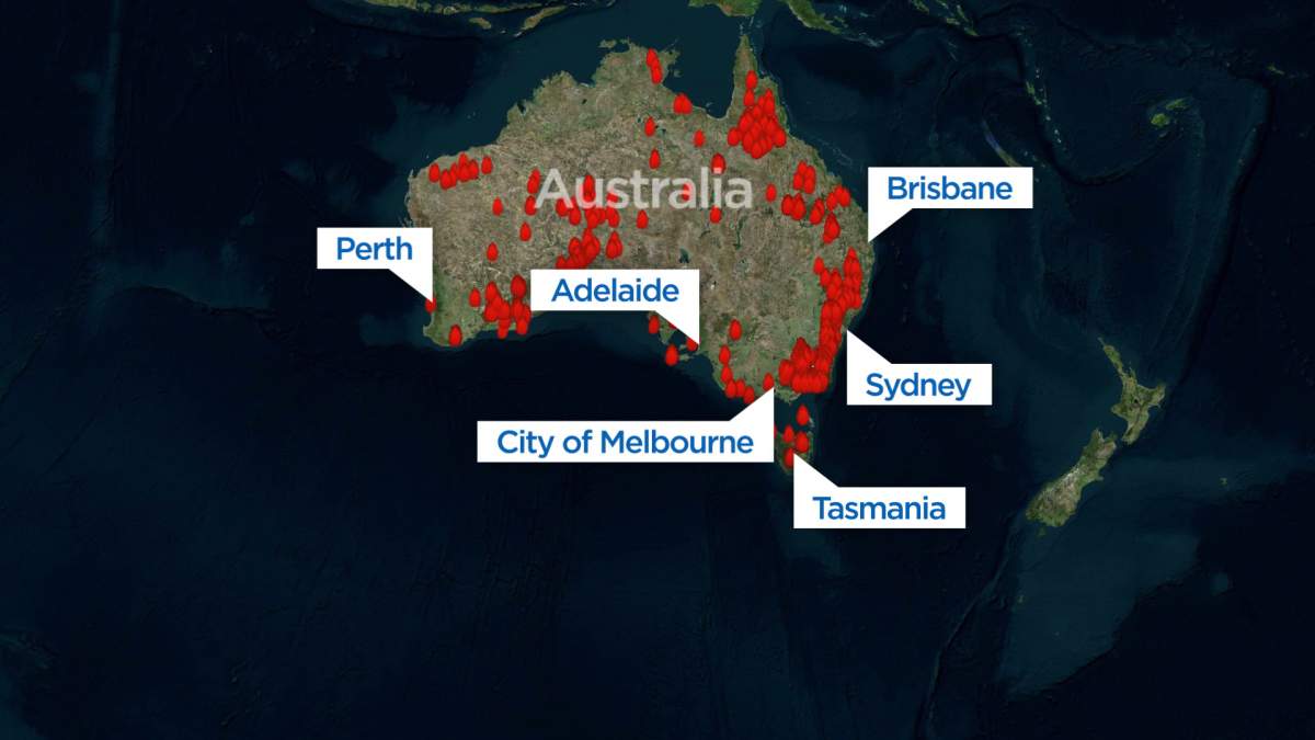 A look at where the wildfires are burning across Australia.