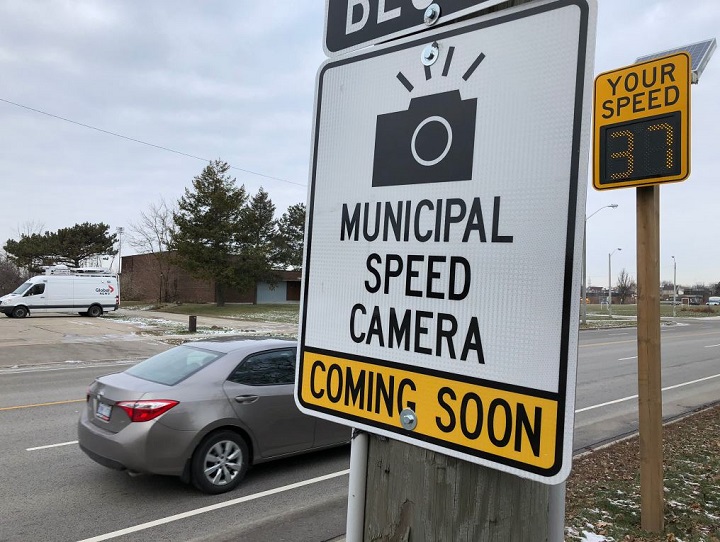 A warning sign for an upcoming photo radar unit in Toronto, prior to the city's first installation of the cameras in late 2019.