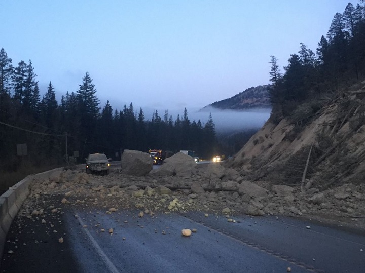 The aftermath of a rock slide on Thursday along Highway 93 just south of Fairmont Hot Springs in B.C.