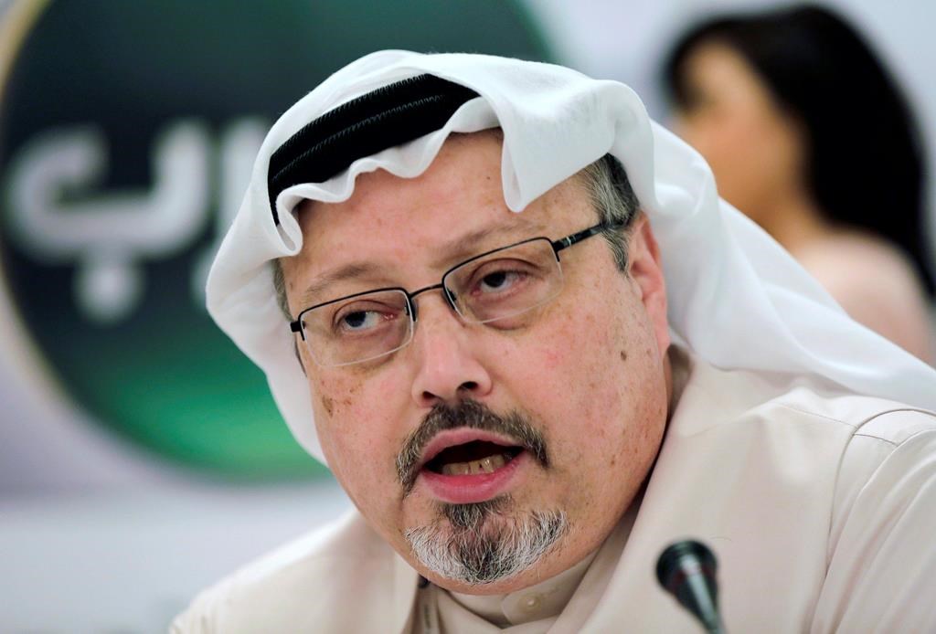 In this Dec. 15, 2014, file photo, Saudi journalist Jamal Khashoggi speaks during a news conference in Manama, Bahrain. (AP Photo/Hasan Jamali, File)