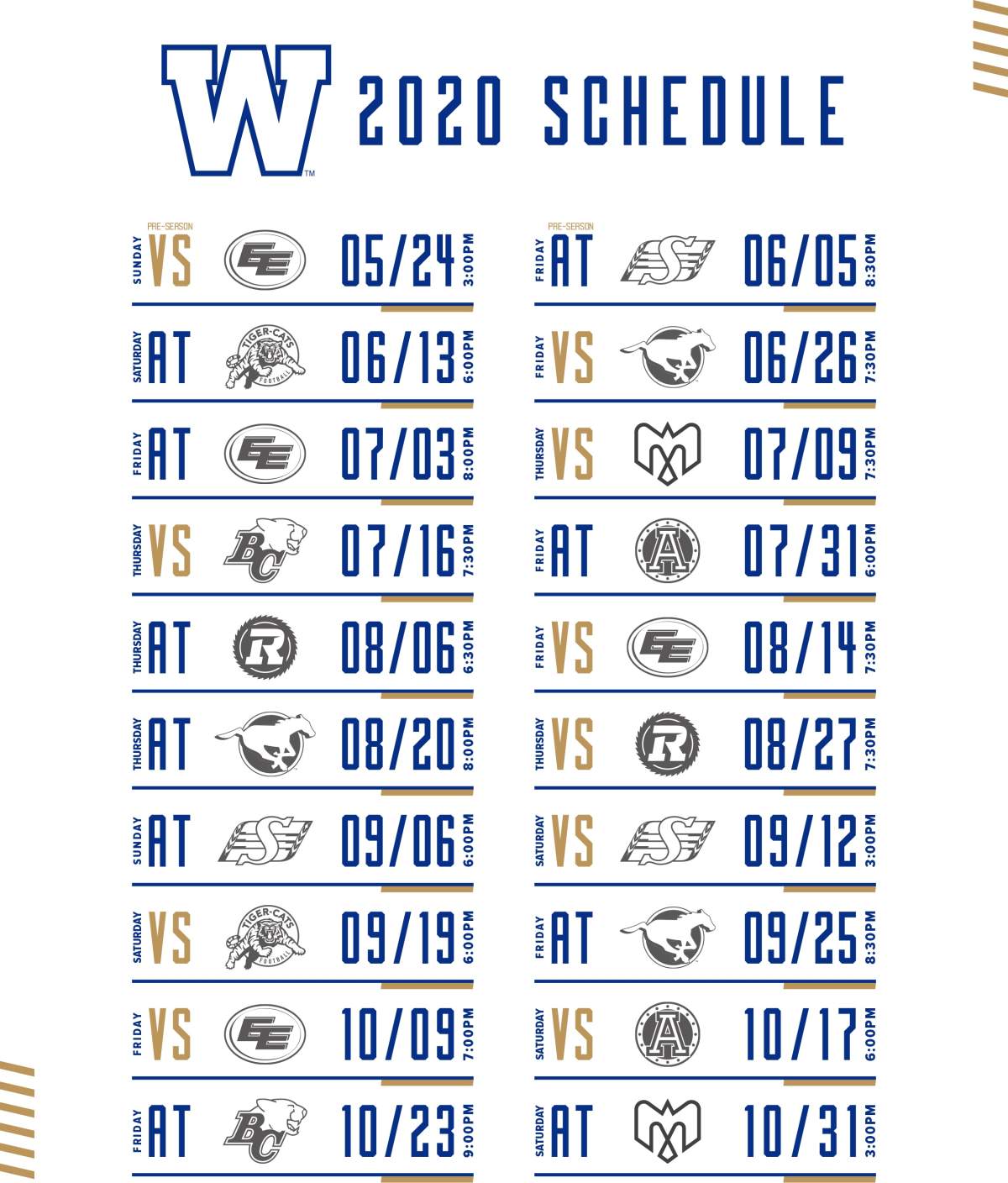 Winnipeg Blue Bombers 2020 schedule