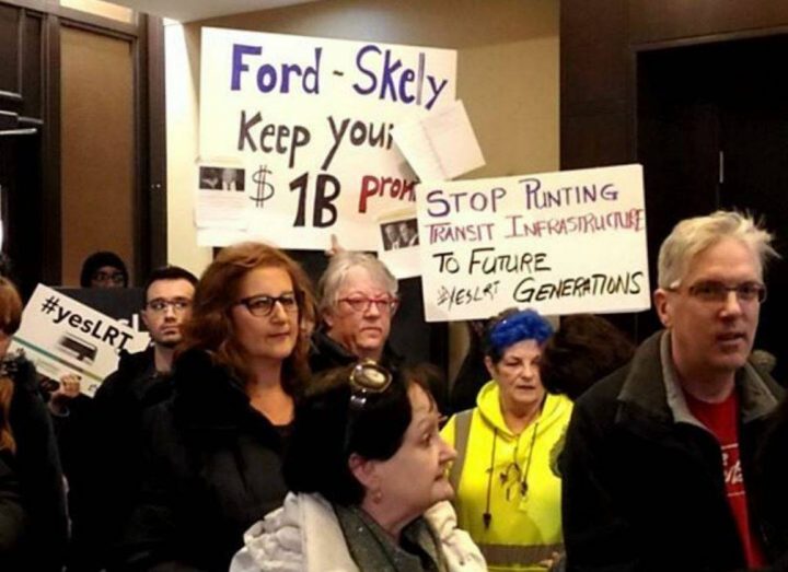 Protesters disrupted a planned news conference on December 16, the day Hamilton's LRT project was cancelled by the provincial government.