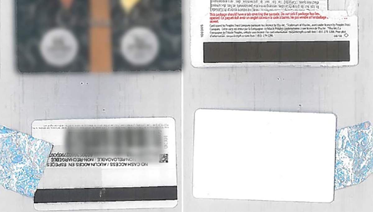 A police handout shows tampered gift cards.