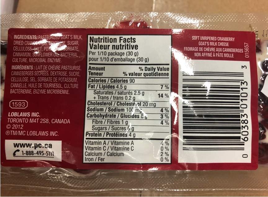A picture of the back of President’s Choice Cranberry Goat’s Milk Cheese that has been recalled over pieces of plastic in the product.