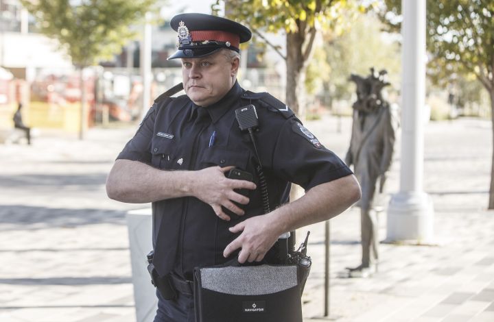 Const. Mike Chernyk leaves after testifying in the Abdulahi Hasan Sharif trial, in Edmonton, Alta., on Thursday, Oct. 3, 2019.