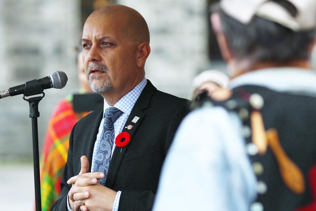 Green Party MLA Adam Olsen speaks at the Legislature in Victoria, B.C., on November 2, 2017. THE CANADIAN PRESS/Chad Hipolito