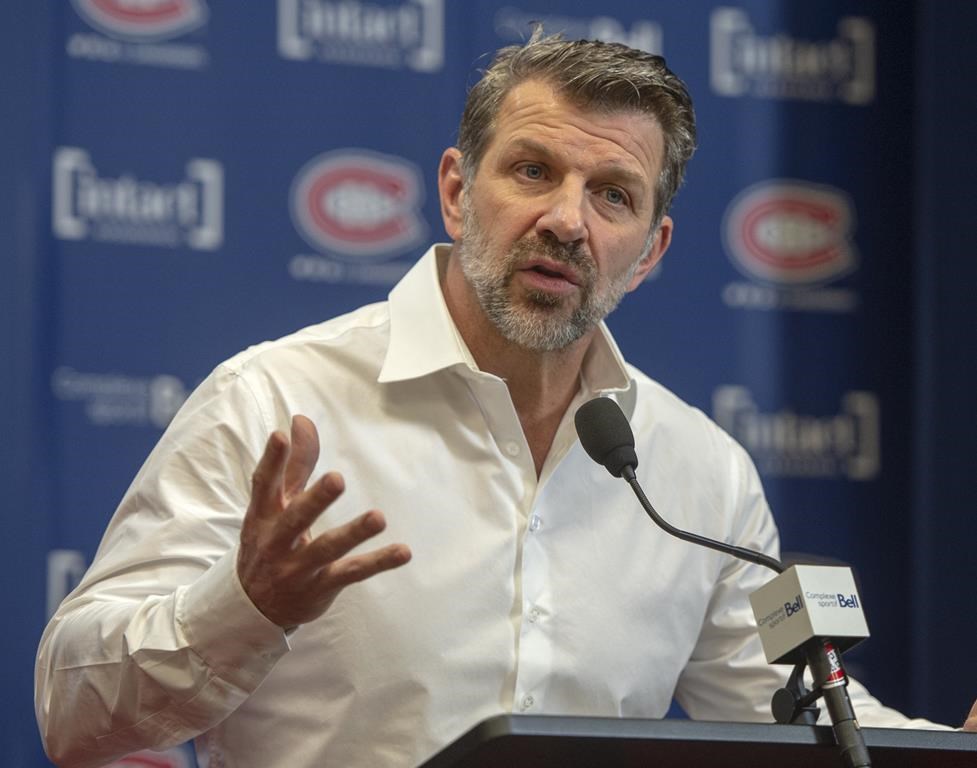 Montreal Canadiens general manager Marc Bergevin speaks to the media at the team's end of season availability Tuesday, April 9, 2019 in Brossard.