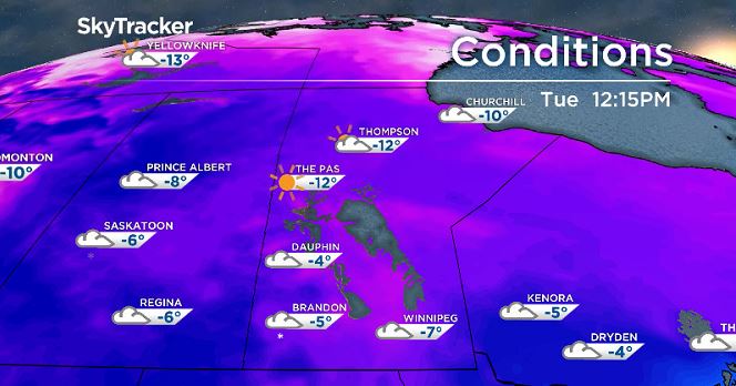 Temperatures around Manitoba at noon Dec 24, 2019