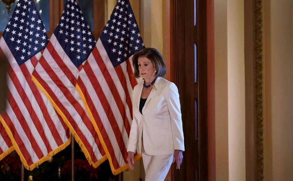 Speaker of the House Nancy Pelosi, D-Calif., arrives to make a statement at the Capitol in Washington, Thursday, Dec. 5, 2019. Pelosi announced that the House is moving forward to draft articles of impeachment against President Donald Trump. (AP Photo/J. Scott Applewhite).