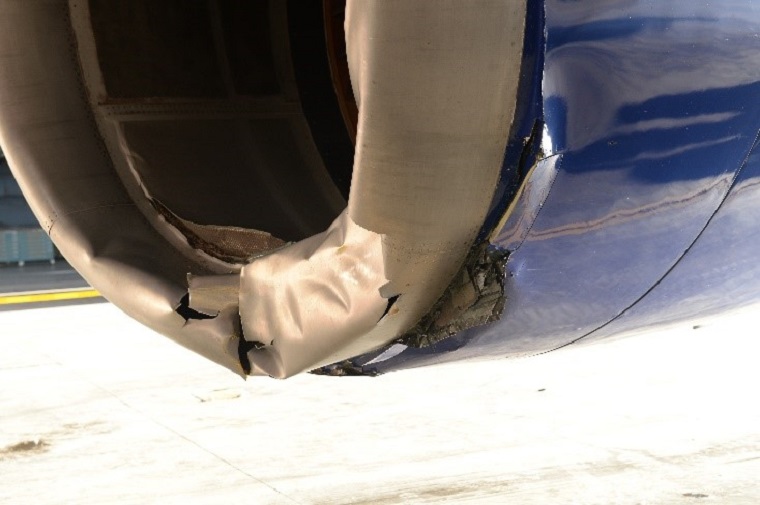 Damage to the engine of a CC-150 Polaris aircraft is shown above.