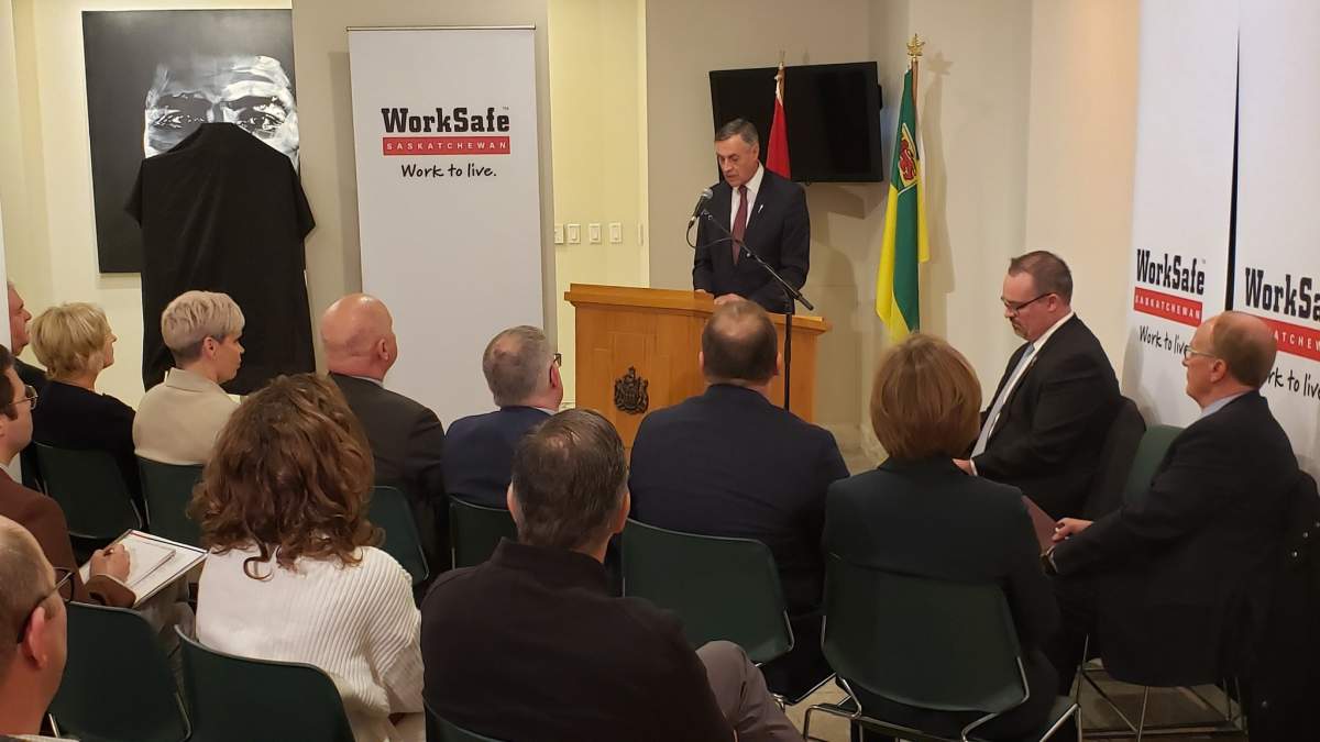 Saskatchewan Labour and Workplace Safety Minister Don Morgan unveils a three-year workplace injury/fatality reduction strategy on Dec. 2, 2019. 
