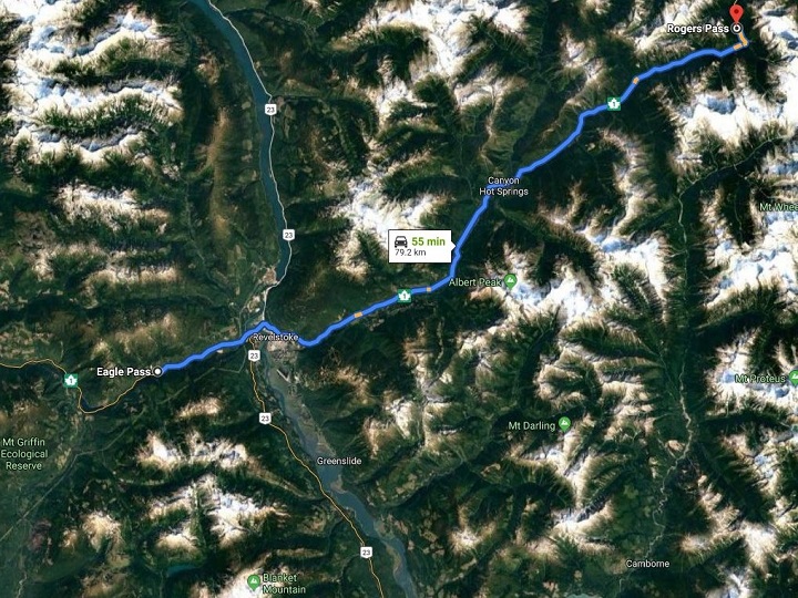 A map showing the distance between Eagle Pass to Rogers Pass in B.C. Environment Canada says 15 to 25 centimetres of snow is possible for the area by Friday afternoon.