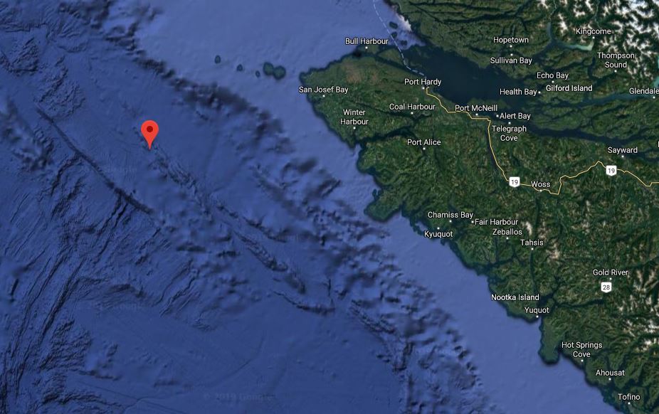 The location of a 3.6-magnitude earthquake that struck off the coast of Vancouver Island on Dec. 25, 2019.