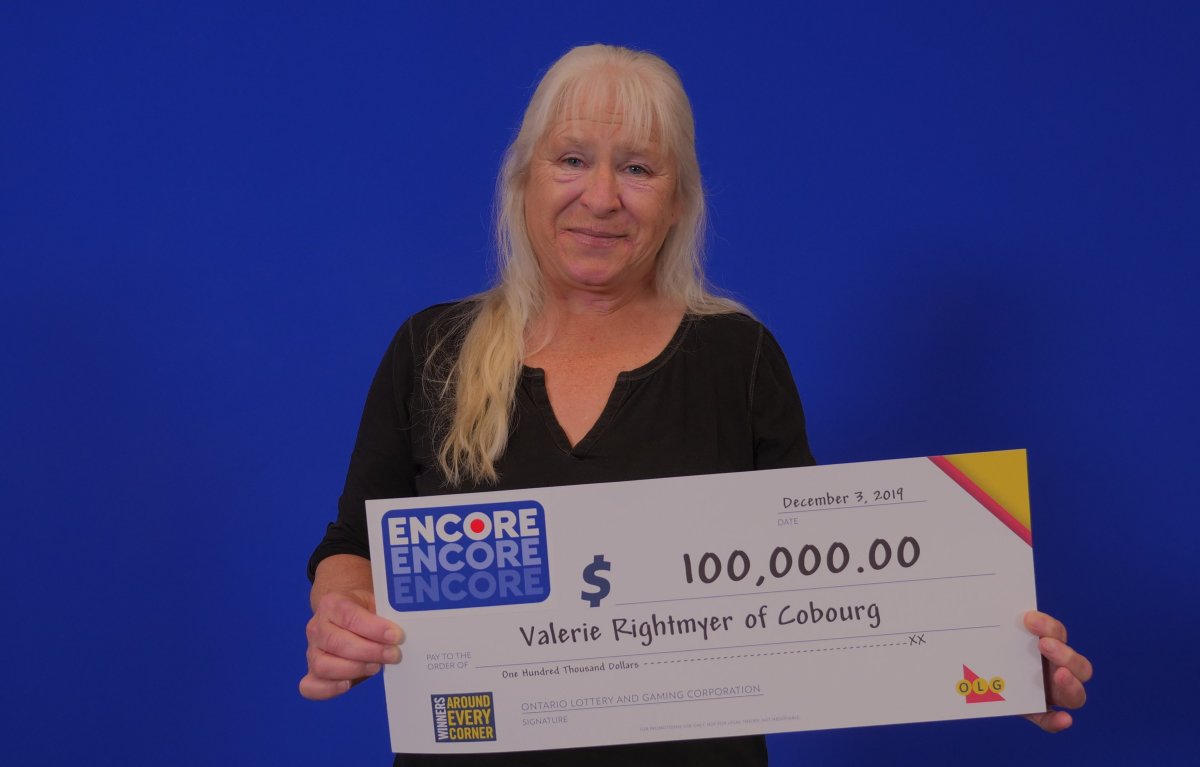 Valeria Rightmyer of Cobourg won $100,000 in the Nov. 16 draw for Encore in the Lotto 6/49 draw.