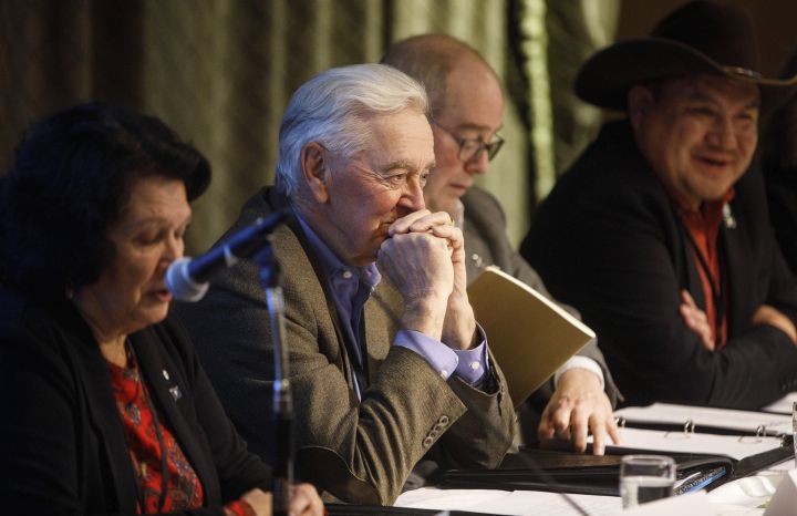 Preston Manning listens as people make statements to a panel representing the Alberta government during a town hall on fair deal ideas, in Edmonton on Tuesday December 3, 2019. 