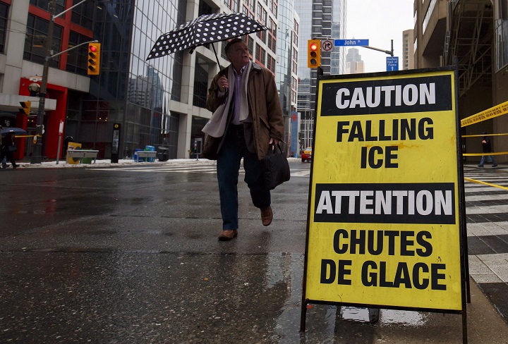 A falling ice sign is seen in downtown Toronto in this file photo.