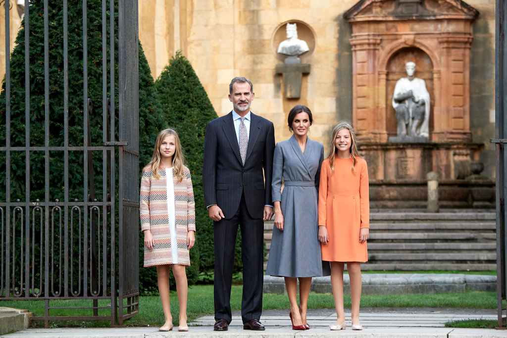 King Felipe VI, Queen Letizia, Princess Leonor and Princess Sofia arrive at Oviedo Cathedral ahead of the ‘Princesa de Asturias Awards’ 2019 on Oct. 17, 2019 in Oviedo, Spain.
