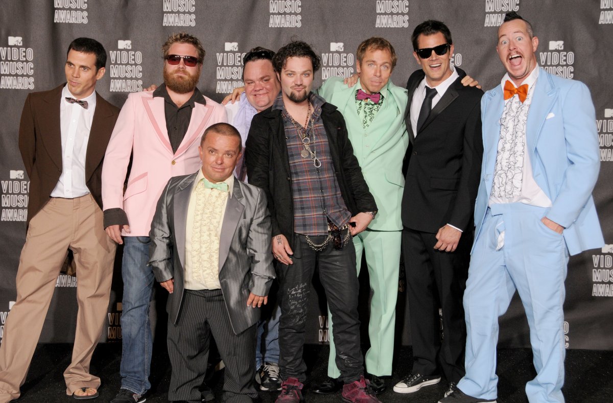 Steve-O, Wee Man, the late Ryan Dunn, Preston Lacy, Bam Marjera, Dave England, Johnny Knoxville and Ehren McGhehe of Jackass pose in the press room at the 2010 MTV Video Music Awards at the Nokia Theatre on Sept. 13, 2010 in Los Angeles, CA.  