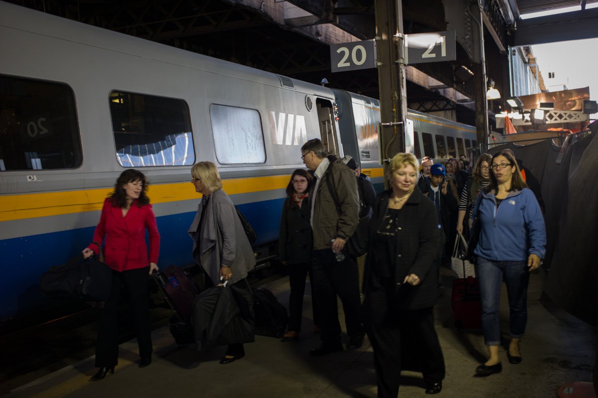 Commuters leave a VIA Rail train at Union Station, the heart of VIA Rail travel, on April 22, 2013 in Toronto, Ontario, Canada. 