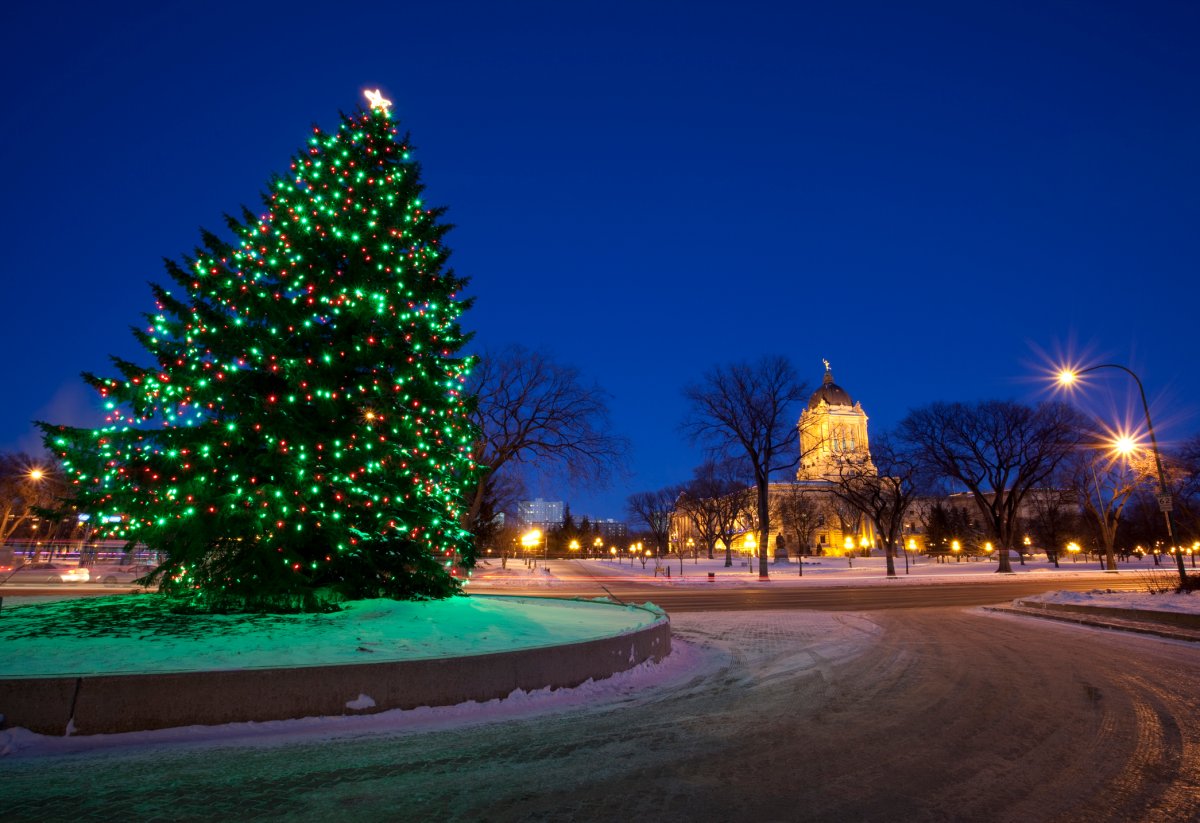 Christmas lights on display near the Manitoba Legislative Building.