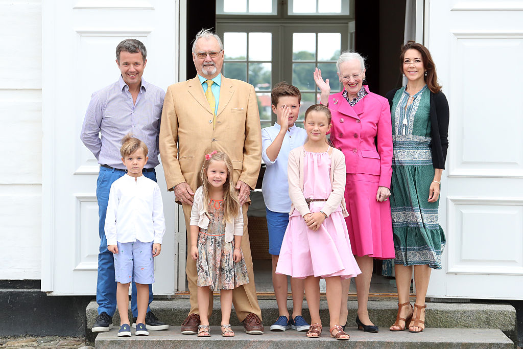 Crown Prince Frederik, Prince Vincent, Prince Henrik, Princess Josephine, Prince Christian, Princess Isabella, Queen Margrethe II and Crown Princess Mary pose for photographers at the annual summer photo call for The Danish Royal Family at Grasten Castle on July 15, 2016.