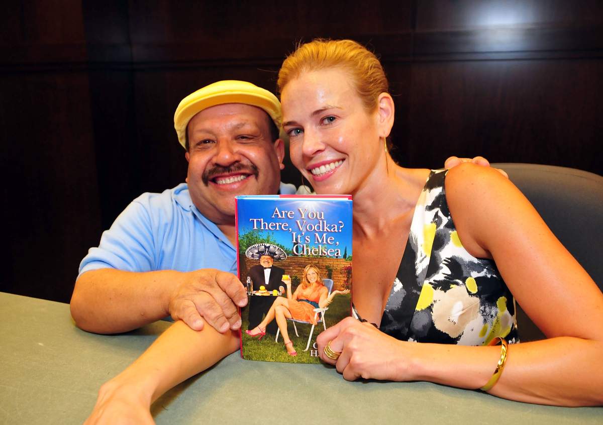 Actors Chuy Bravo and Chelsea Handler pose with Handler’s book ‘Are You There, Vodka? It’s Me, Chelsea’ at a signing of her book in the Barnes & Noble bookstore at The Grove on June 20, 2008.