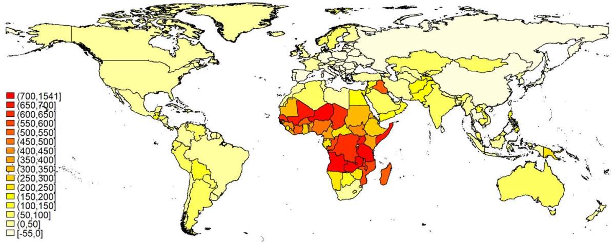 A map that shows the percentage change in the annual amount of calories required by populations by 2010 and 2100, assuming an increase in BMI and population growth.