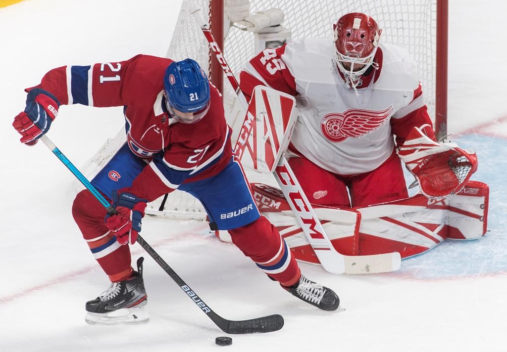 Montreal Canadiens' Nick Cousins moves in on Detroit Red Wings goaltender Jonathan Bernier during first period NHL hockey action in Montreal, Saturday, Dec. 14, 2019.