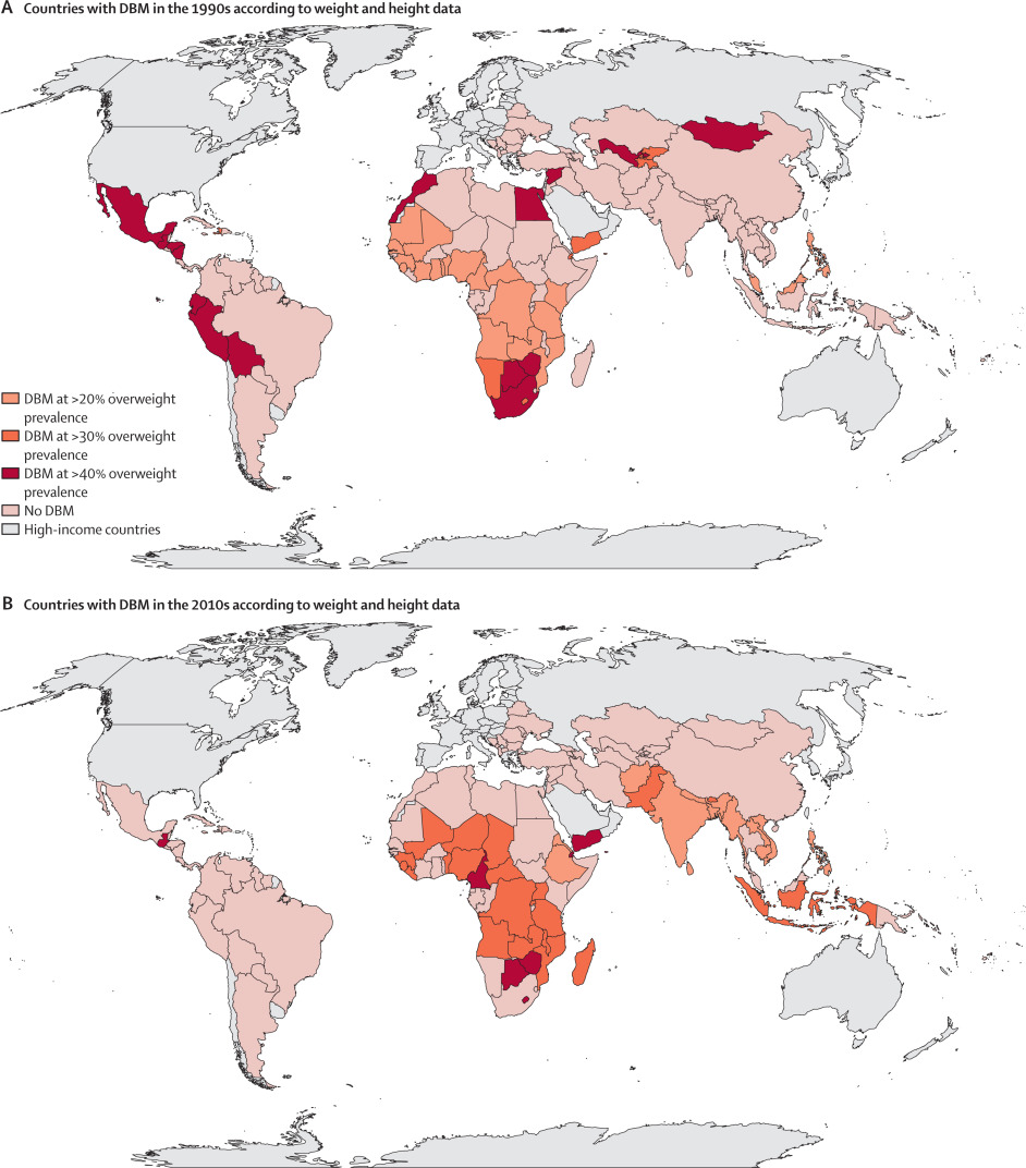 The global double burden of malnutrition in low-income and middle-income countries based on weight and height data from the 1990s (A) and 2010s (B).
