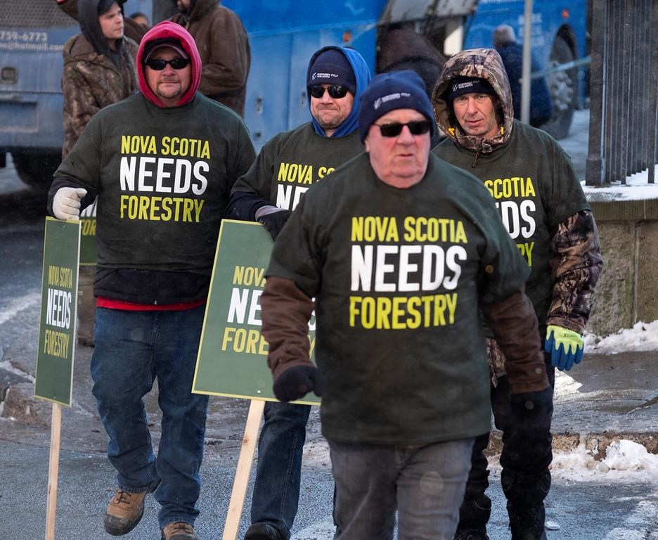 Forestry sector workers stand outside the legislature in Halifax during a union-sponsored rally on Thursday Dec. 19, 2019.