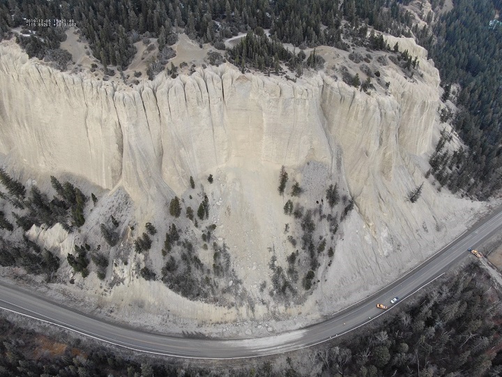 An aerial view of the slide along Highway 93 just south of Fairmont Hot Springs.