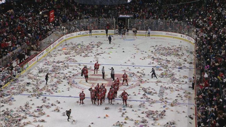 The Calgary Hitmen scored the first goal of the game against the Red Deer Rebels early in the first period, causing teddy bears to rain down on the ice on Sunday, Dec. 1, 2019.