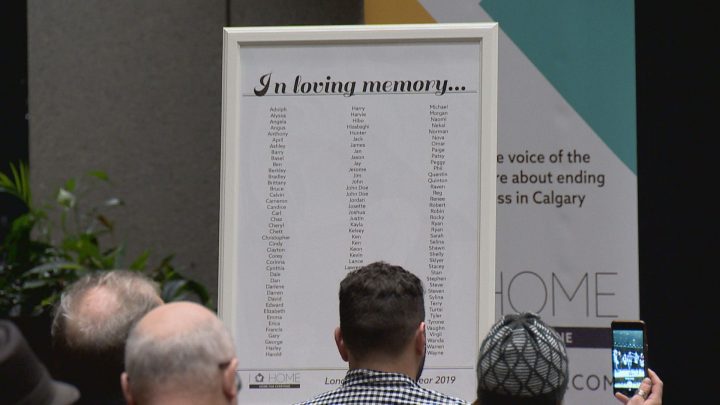Calgarians gathered Saturday, Dec. 21, 2019 to honour the 123 lives lost to homelessness this year.