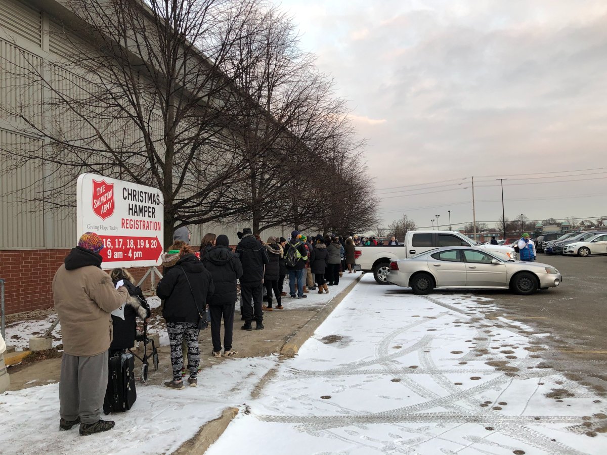 Londoners line up outside the Western Fair Agriplex ahead of the opening of the Salvation Army's 2019 Christmas hamper campaign.