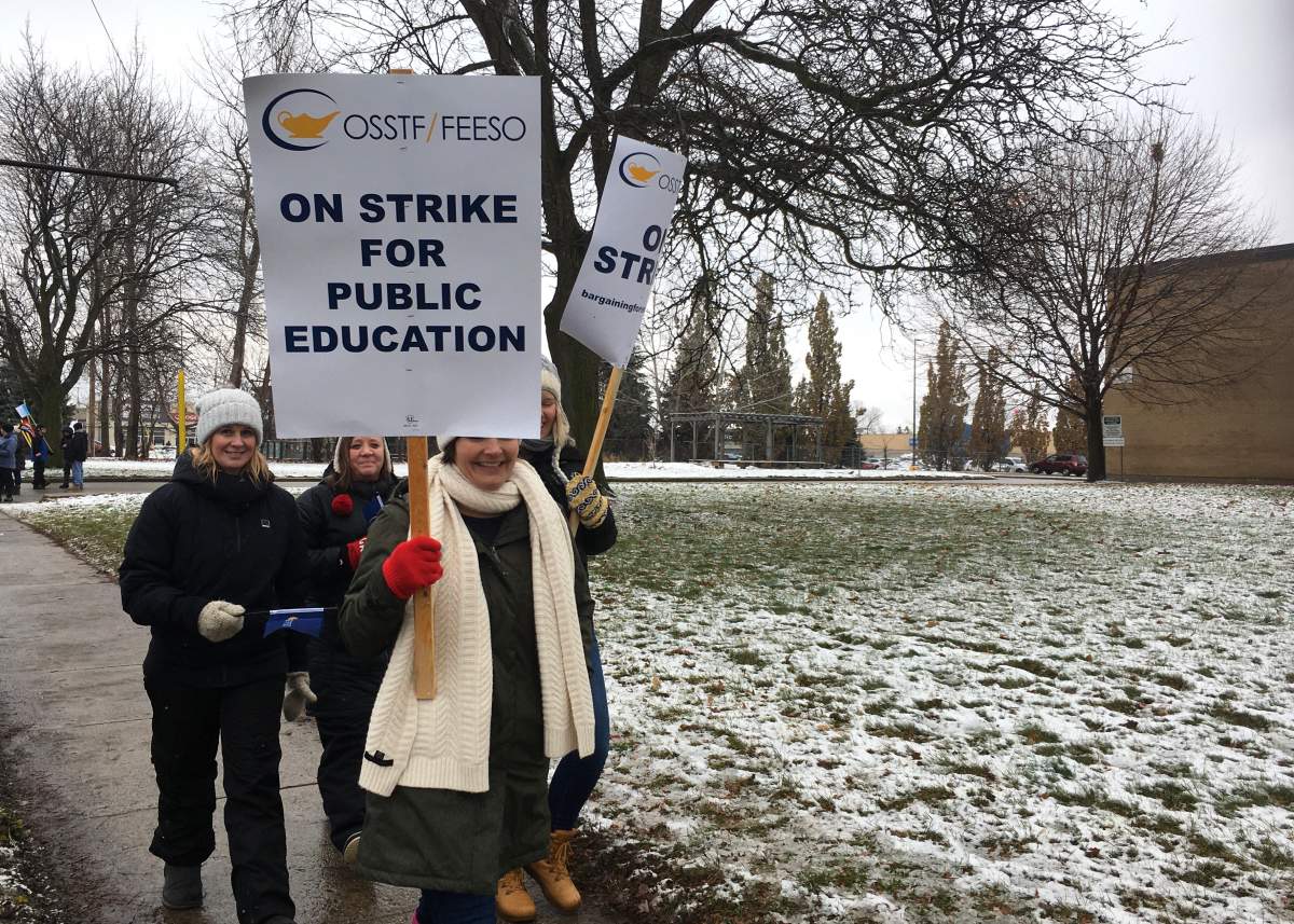 Teachers striking outside Clark Road Secondary School in London.