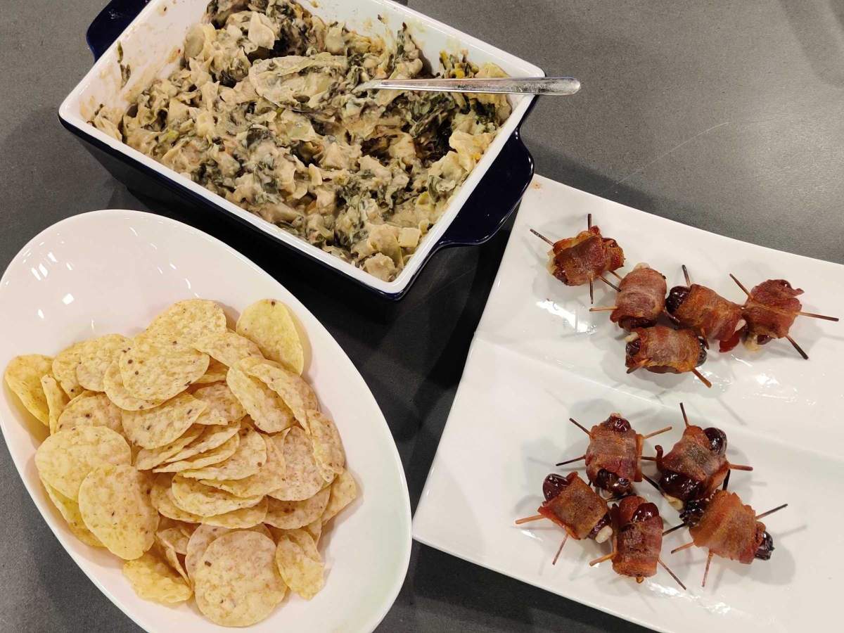 Daintre Christensen’s two holiday appetizers: an artichoke, spinach and white bean dip and bacon-wrapped, cheese-filled dates.