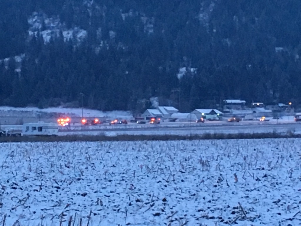 Emergency vehicles respond to a fatal collision on Highway 97A in the north Okanagan on Sunday afternoon. 