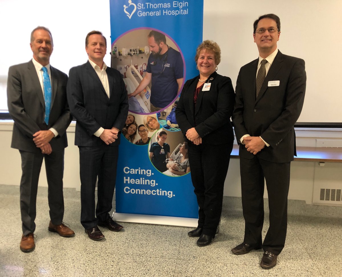 Jeff Yurek with the three presidents and CEOs of the Hospitals in London and St. Thomas receiving the funding. 
 (L to R) Dr. Paul Woods, MPP Jeff Yurek, Dr. Gillian Kernaghan, and Robert Biron
.