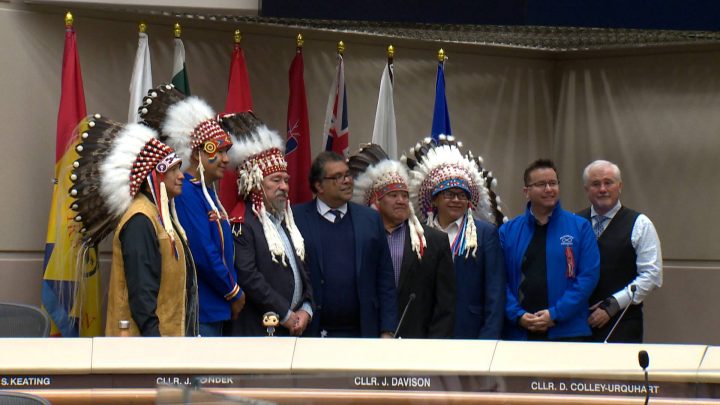 The City of Calgary has raised the flags of all member nations of Treaty 7 and Métis Nation of Alberta Region 3 in city council chambers. 