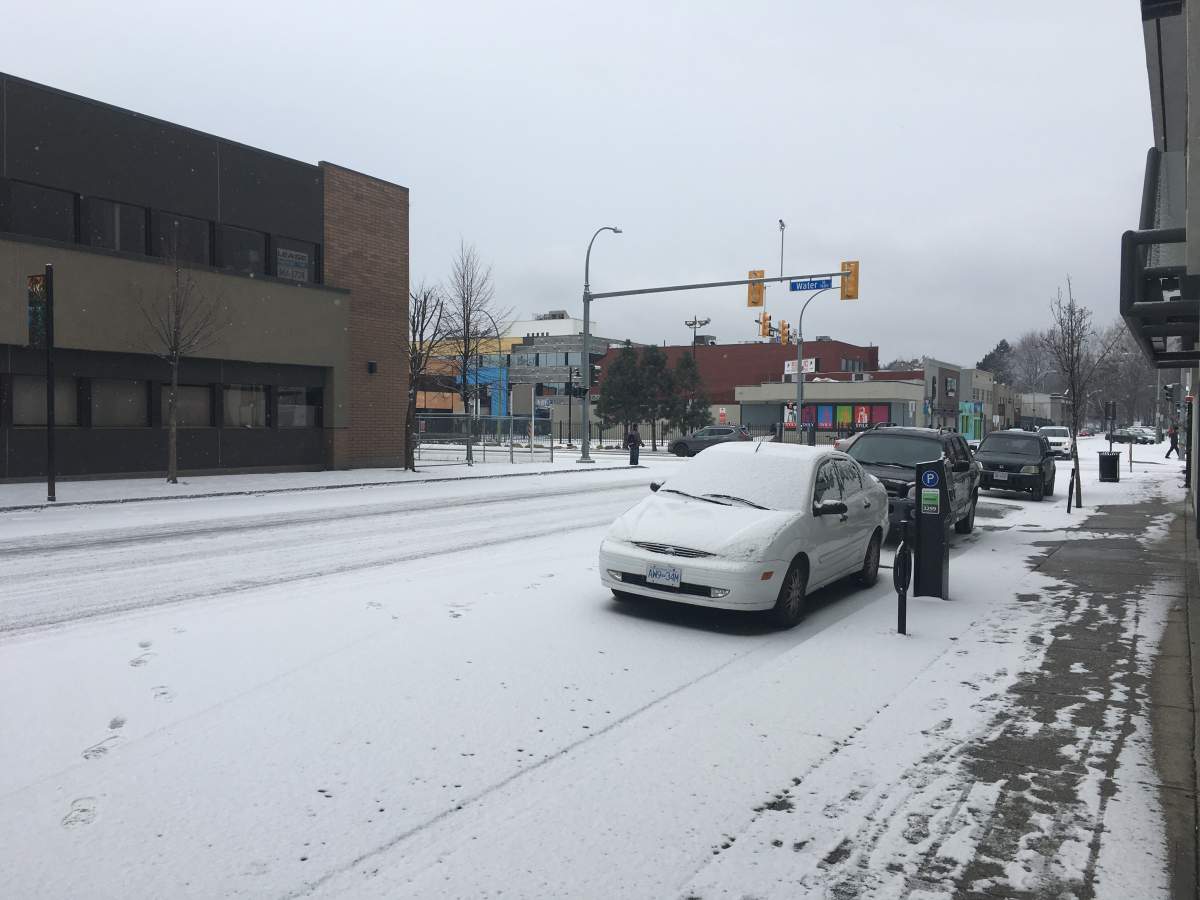 Snowfall in downtown Kelowna on Sunday.