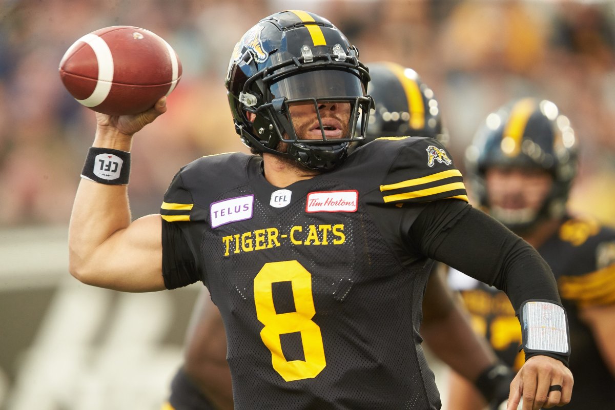 Hamilton quarterback  Jeremiah Masoli looks for a receiver during second quarter CFL action between the Ticats and the Calgary Stampeders in Hamilton, Ontario on Saturday, July 13, 2019.