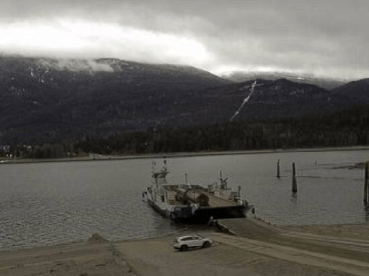 A webcam shot of the cable ferry in Needles, B.C., on Tuesday, Dec. 10, 2019. Police say the submerged pickup truck was spotted by operators aboard the ferry on Dec. 7, just before 1 a.m.