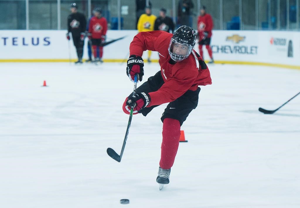 Forward Quinton Byfield shoots the puck during practice at the team Canada world juniors selection camp in Oakville, Ont., on Tuesday, December 10, 2019.