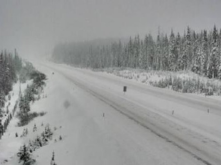 Road conditions at Pennask Summit on the Okanagan Connector on Tuesday morning. The Connector was closed Tuesday morning due to a vehicle fire. 