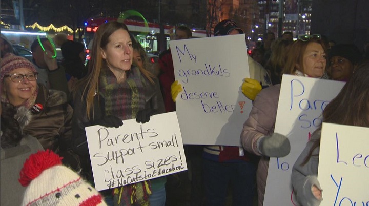 Supporters of OSSTF gathered in front of the Sheraton hotel in downtown Toronto Tuesday evening.