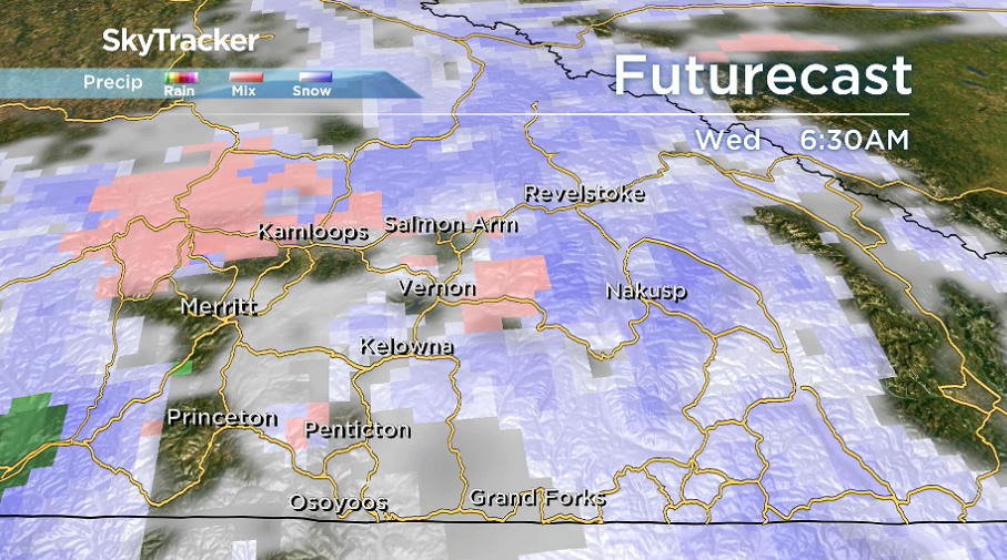 Pockets of snow and rain are expected on Wednesday throughout the Okanagan.