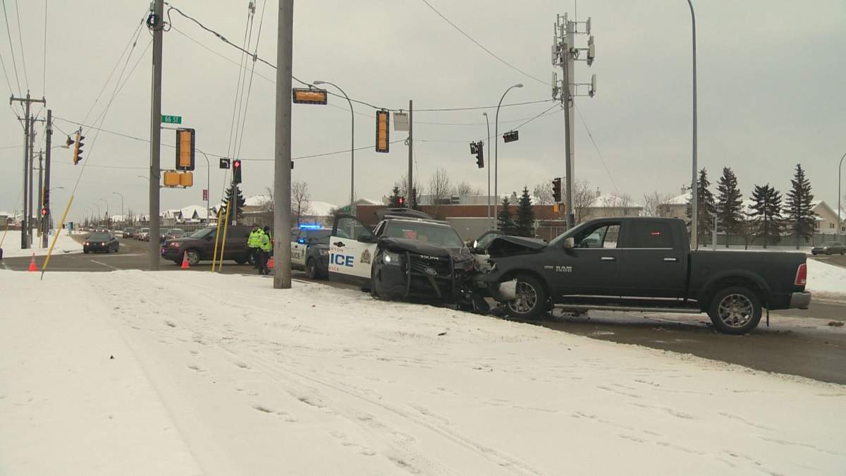 A truck collided with a police cruiser on 167 Avenue on Sunday, Dec. 15, 2019.